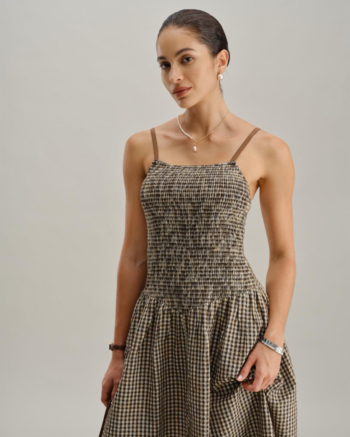 Brown Plaid Shirred Slip Midi Dress Product Image