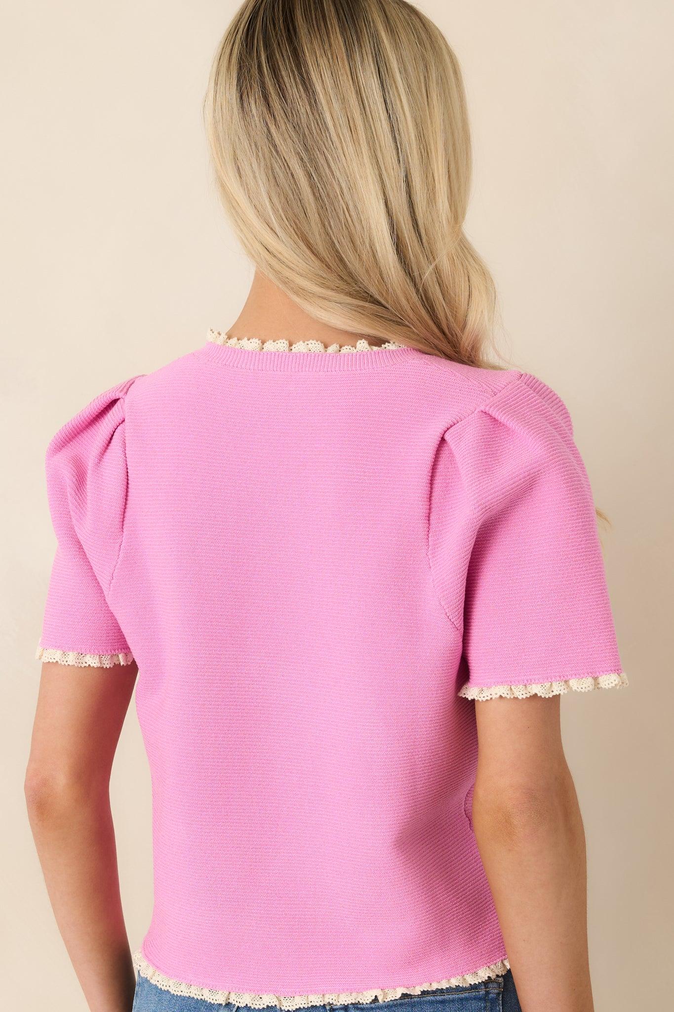 Like a Dream Pink Knit Lace Trim Button Front Top Product Image