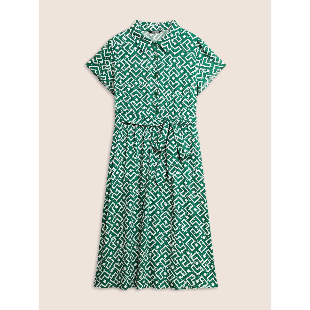 Plus Size Shirt Collar Geometric Button Up Belted Dress DarkGreen Women Work From Home Belted Shirt collar Cap Sleeve Curvy Midi Dress BloomChic 22-24/3X Product Image
