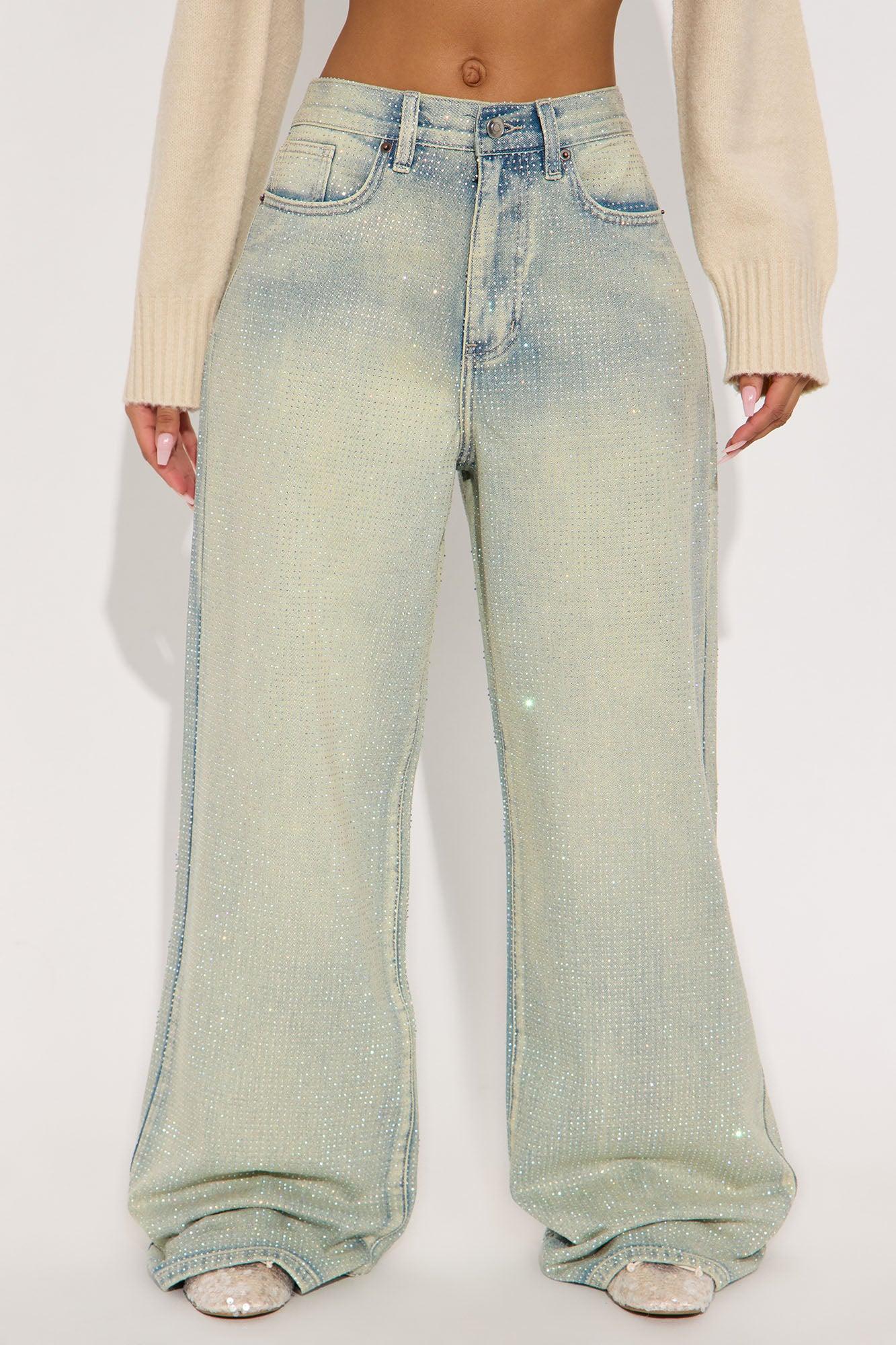 Shine Your Light Tinted Rhinestone Wide Leg Jean - Vintage Wash Female Product Image