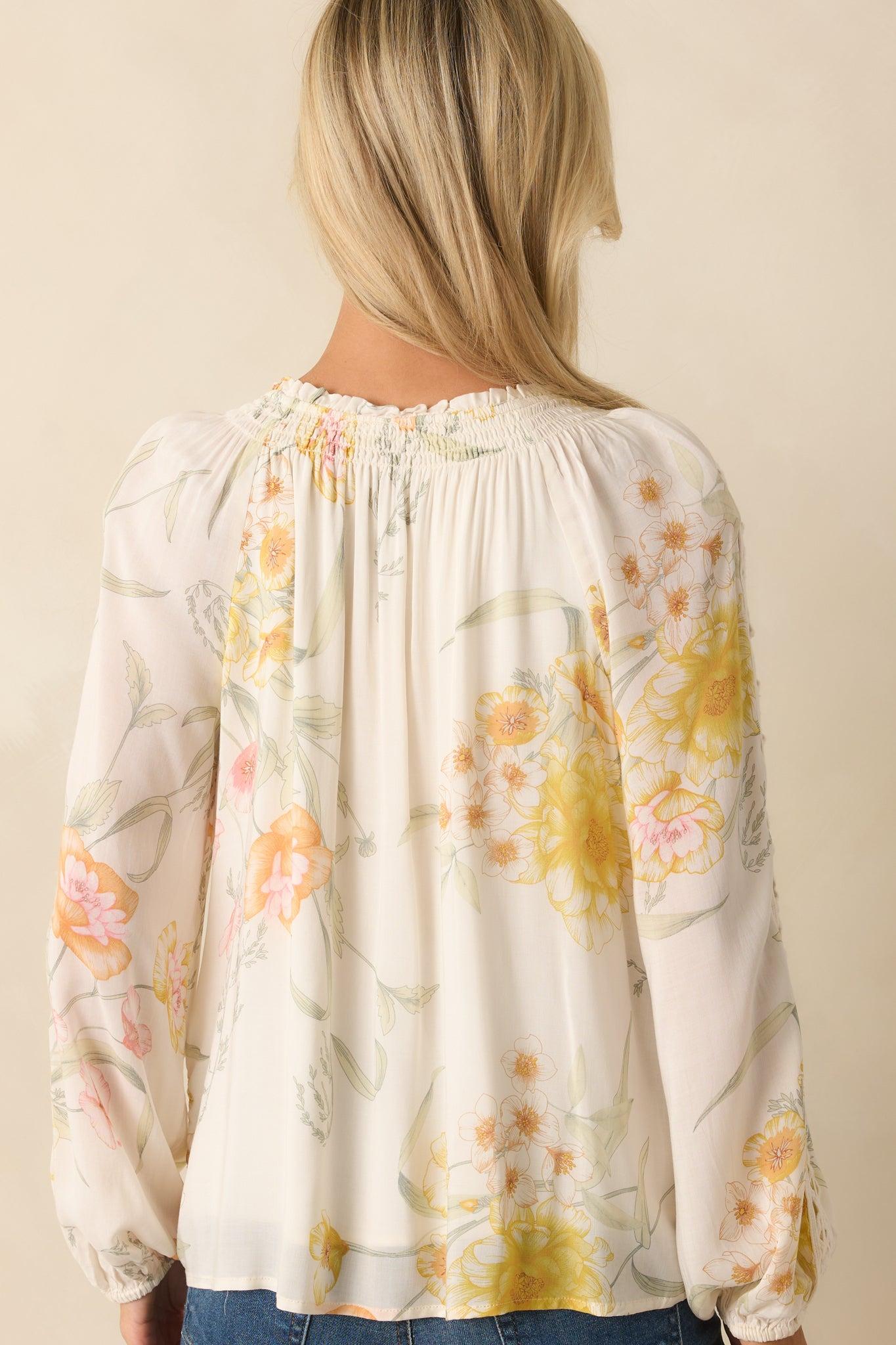 Just Winging It Ivory Multi Floral Print Rayon Long Sleeve Blouse Product Image