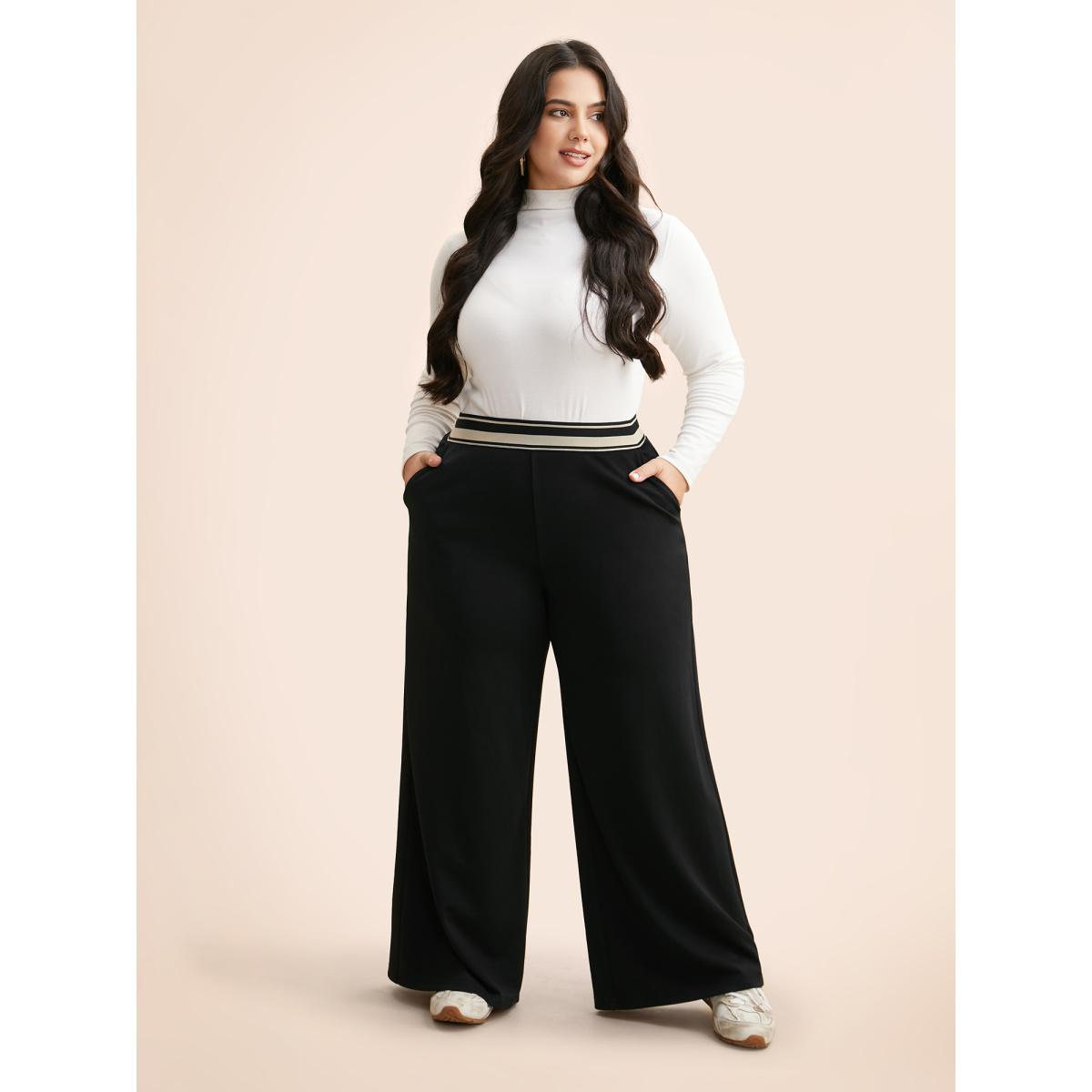 Plus Size Mid Rise Contrast Elastic Waist Pants Women Black Casual Mid Rise Everyday Pants BloomChic 18-20/2X Product Image