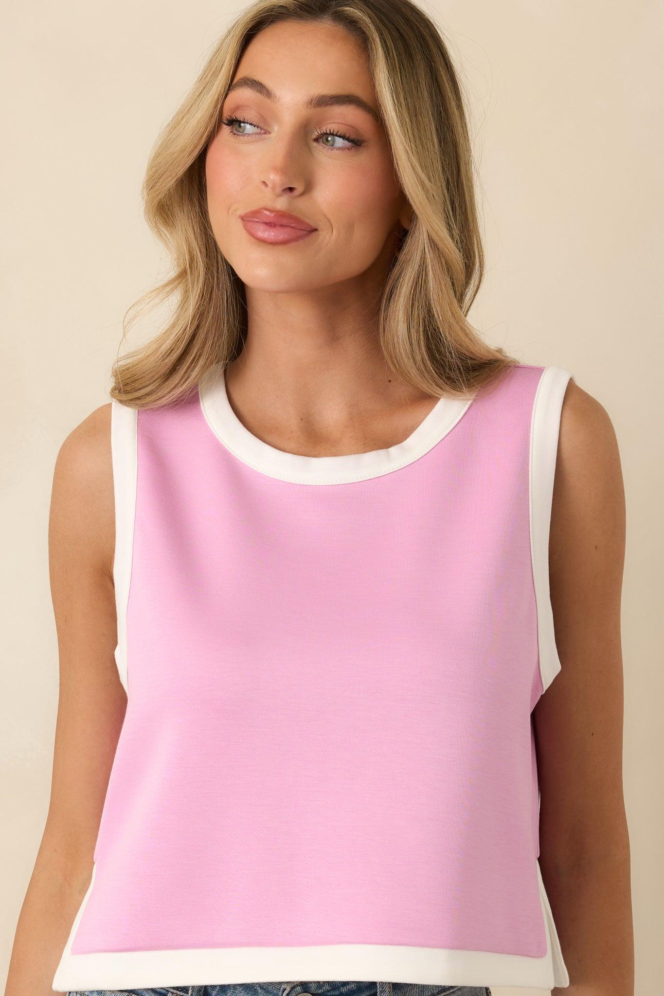 In Good Form Orchid Pink Stretch Knit Contrast Trim Top Product Image