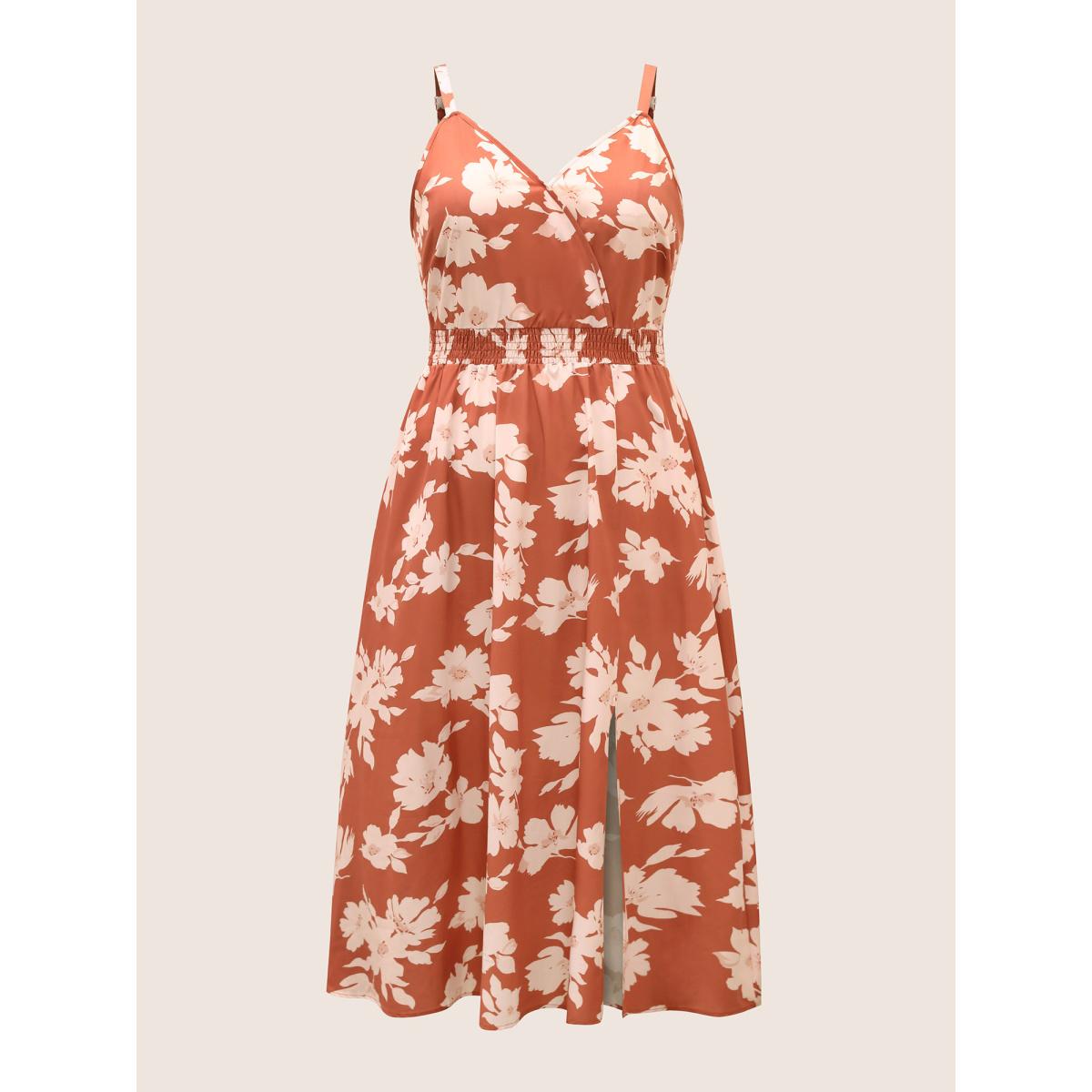 Plus Size Floral Print Wrap Shirred Split Front Dress OrangeRed Women Elegant Shirred V-neck Sleeveless Curvy Midi Dress BloomChic 30/6X Product Image