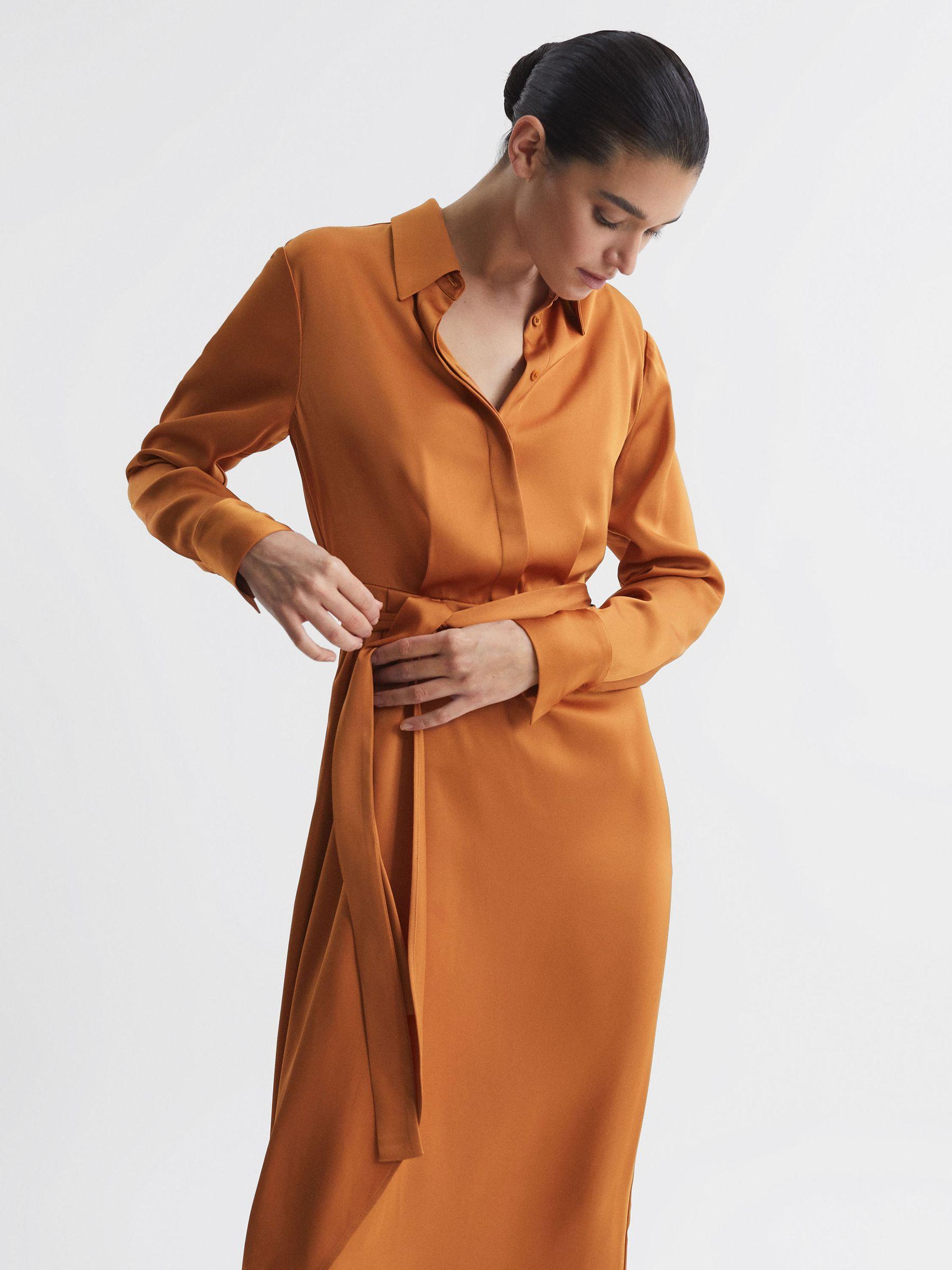 Satin Shirt-Style Midi Dress in Rust Product Image