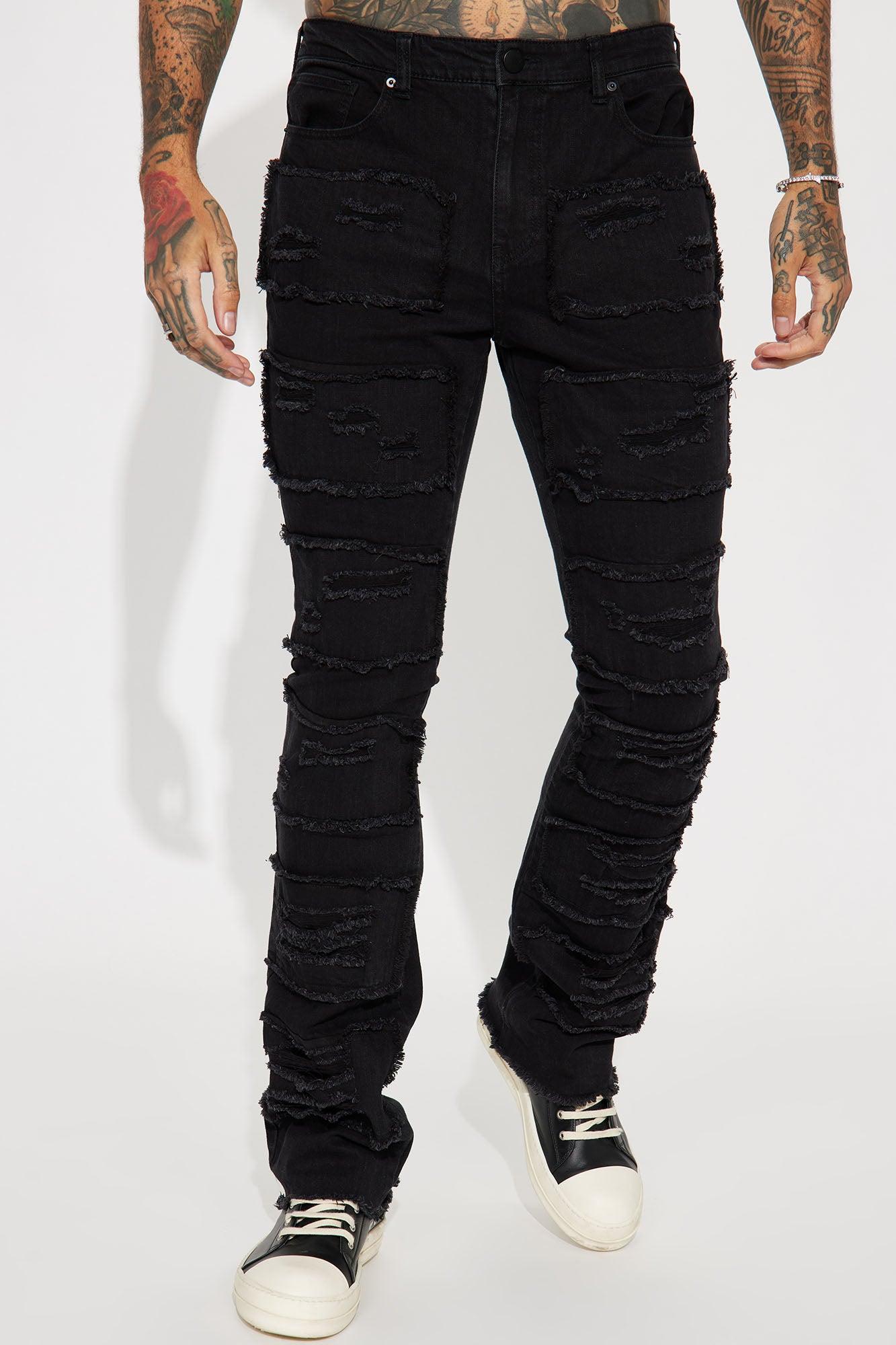 Shredded Stacked Skinny Flared Jeans - Black Wash Product Image