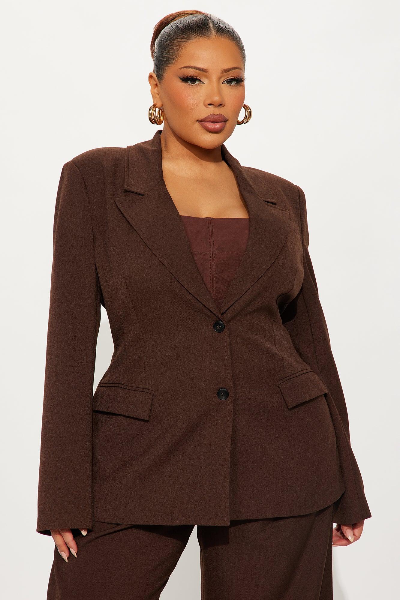 Going Forward Fitted Waist Blazer Pant Set - Brown Female Product Image