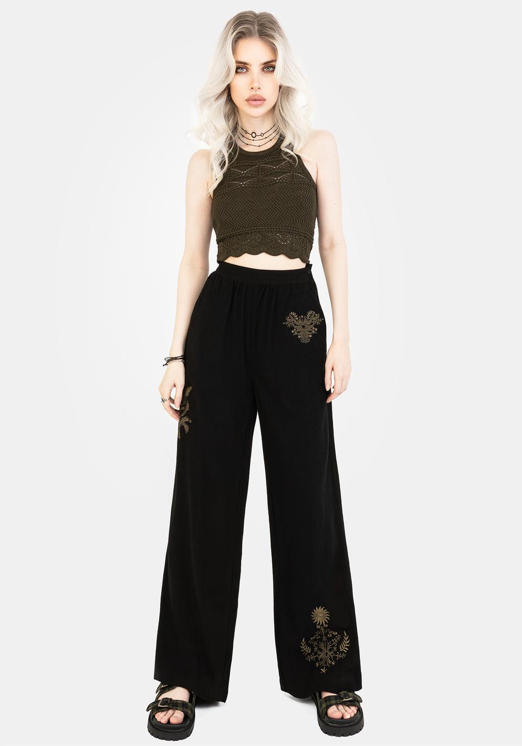 Foliate Linen-Blend Embroidered Wide Leg Trousers - Black Product Image