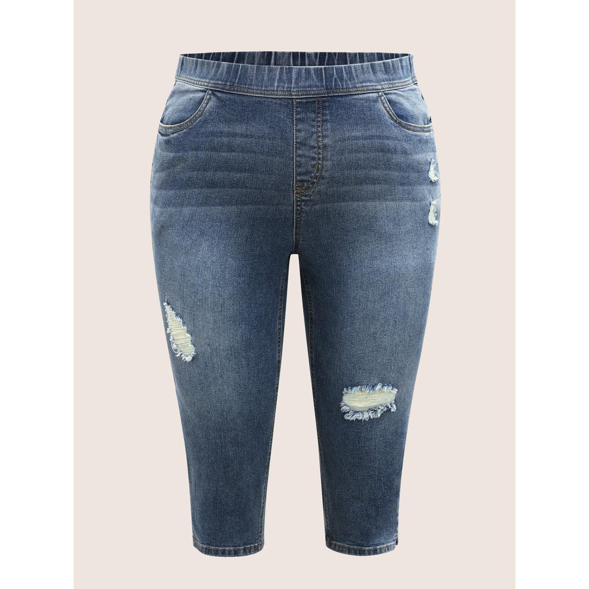 Plus Size Dark Wash Elastic Waist Distressed Slit Hem Jeans Women Denimblue Casual Distressed High stretch Slanted pocket Jeans BloomChic 18/2X Product Image