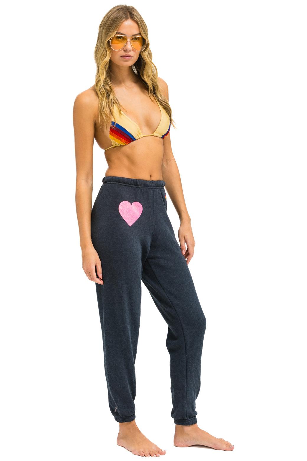 GLITTER HEART SWEATPANTS - CHARCOAL // NEON PINK Female Product Image