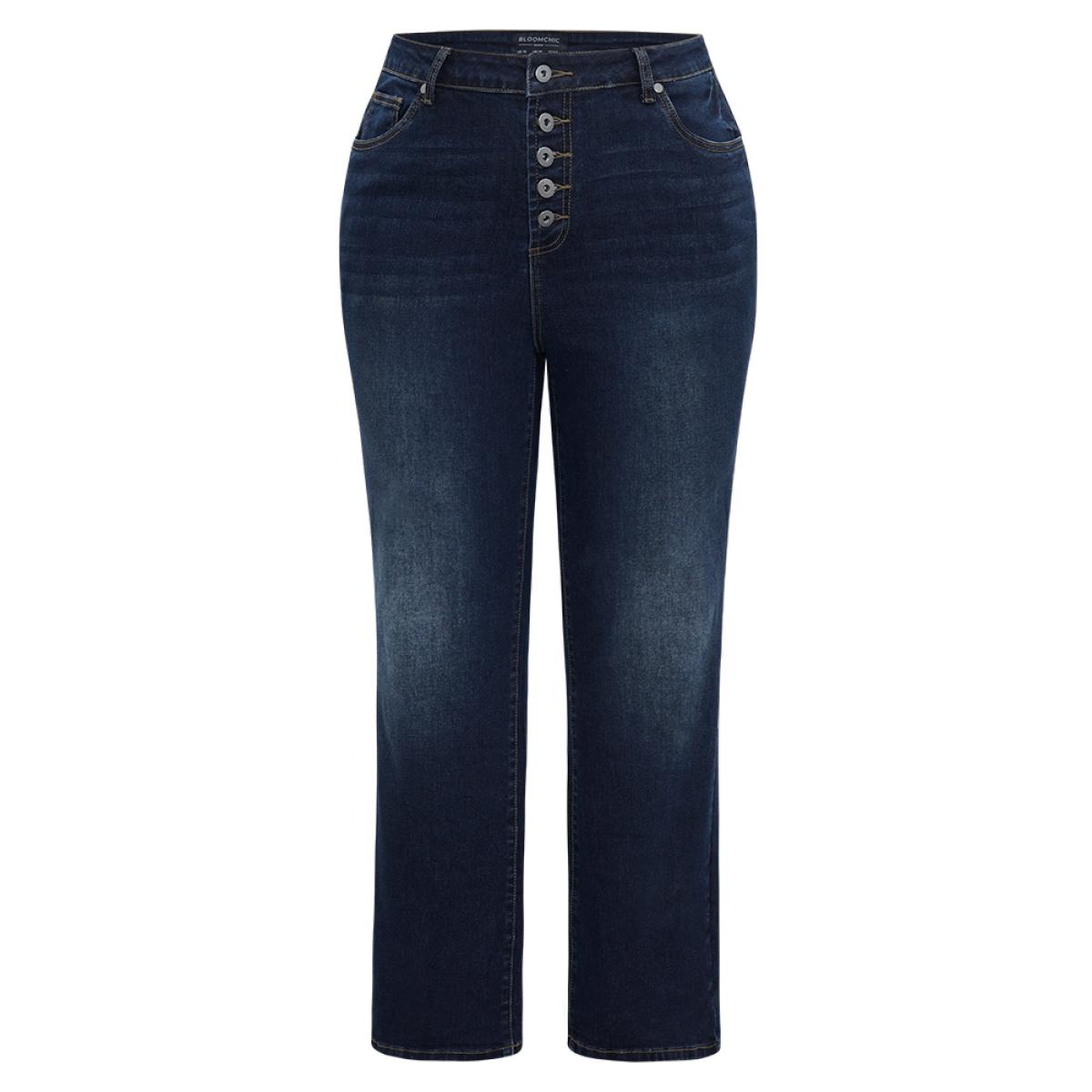 Plus Size Straight Leg Button Fly Pocket Jeans Women Indigo Casual Plain Plain High stretch Pocket Jeans BloomChic 16/1X Product Image