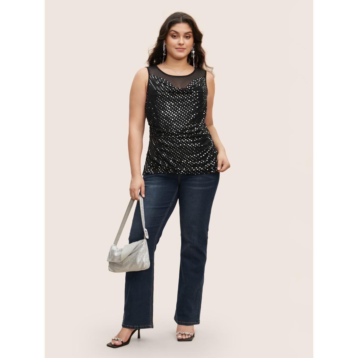 Plus Size Glitter Cowl Neck Patchwork Mesh Tank Top Women Black Cocktail Rhinestone detailing Round Neck Party Tank Tops Camis BloomChic 28/5X Product Image