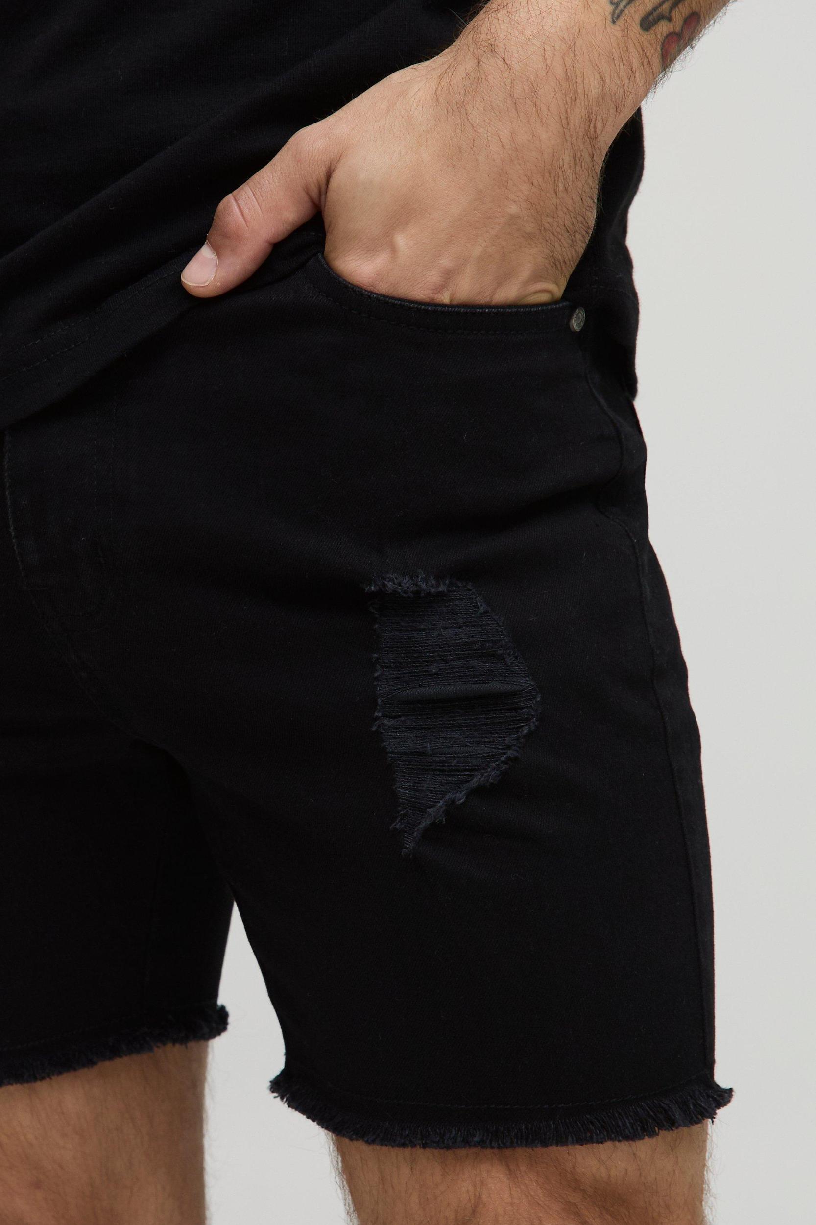 Skinny Stretch Ripped Raw Hem Denim Shorts | boohooMAN USA Product Image