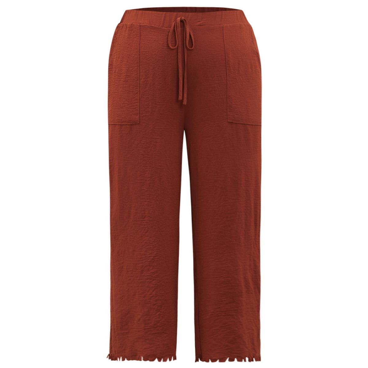 Plus Size Plain Frayed Hem Pocket Bowknot Pants Women Rust Office Straight Leg High Rise Office Pants BloomChic 30/6X Product Image