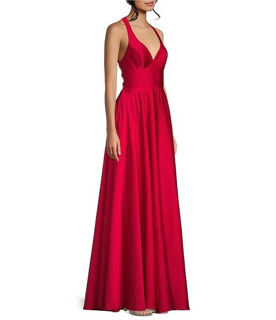 B. Darlin Bubble Satin Deep V-Neck Wide Strap Dress Product Image