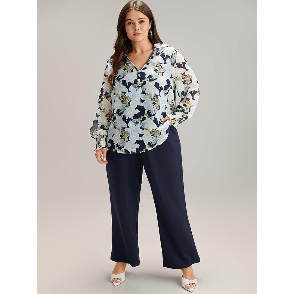 Plus Size DarkBlue Chiffon Silhouette Floral Print Shirred Frill Trim Blouse Women Elegant Long Sleeve V-neck Dailywear Blouses BloomChic 18-20/2X Product Image