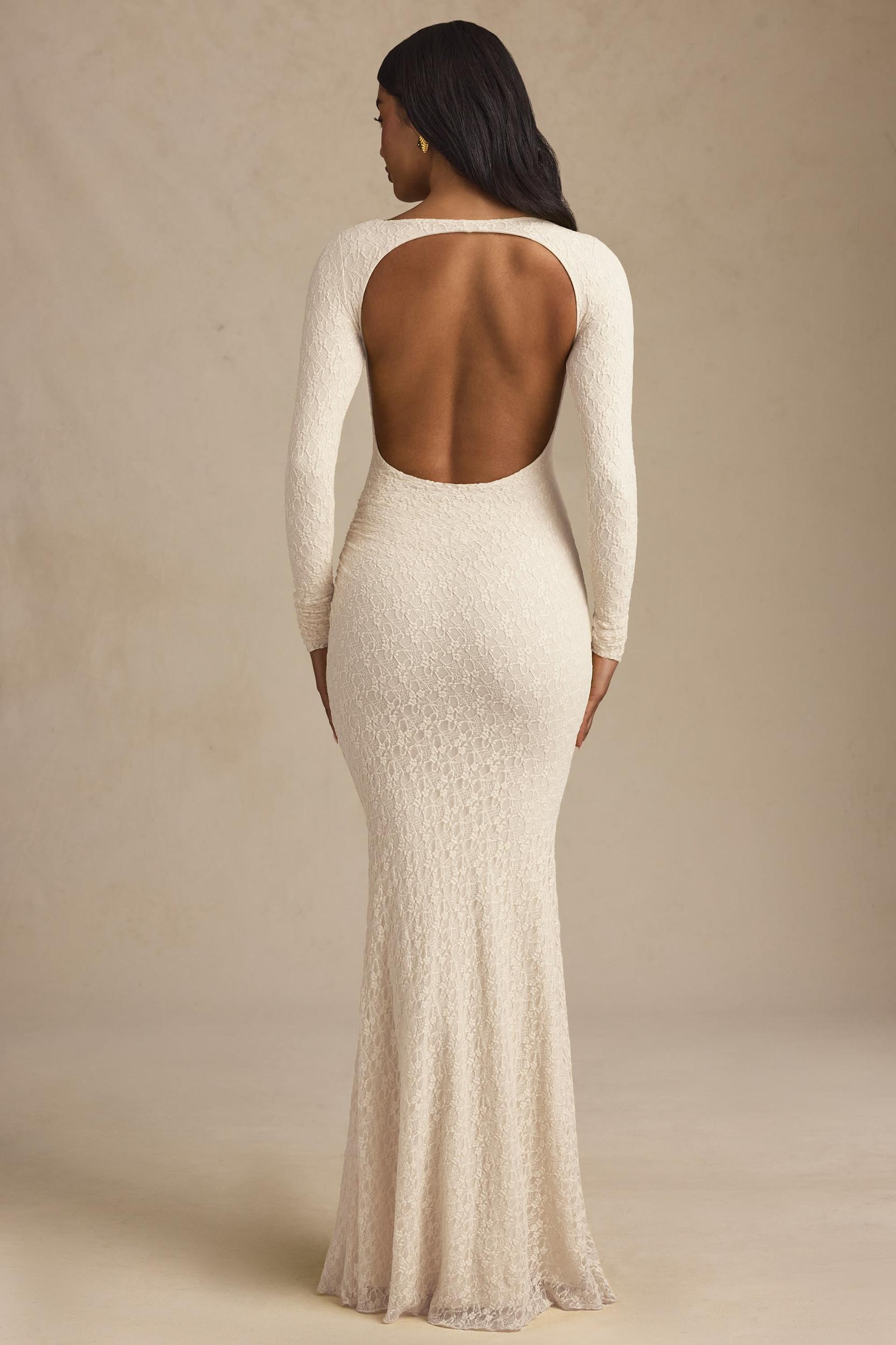 Ruched Backless Lace Maxi Dress in Ivory Product Image