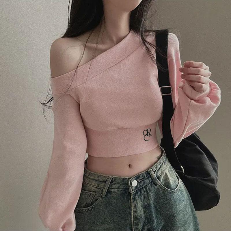 Puff Sleeve Cold-Shoulder Plain Crop Sweatshirt Product Image