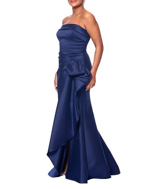 Xscape Strapless Ruched Waist Ruffle Front Stretch Mikado Aline Gown Product Image