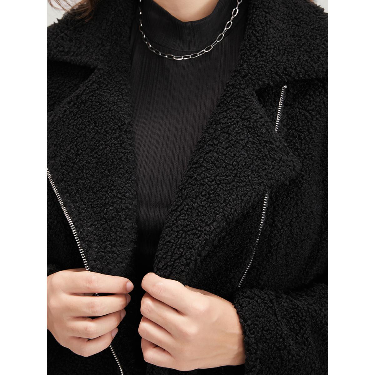 Plus Size Solid Zipper Pocket Suit Collar Teddy Coat Women Black Elegant Zipper Ladies Dailywear Winter Coats BloomChic 30/6X Product Image