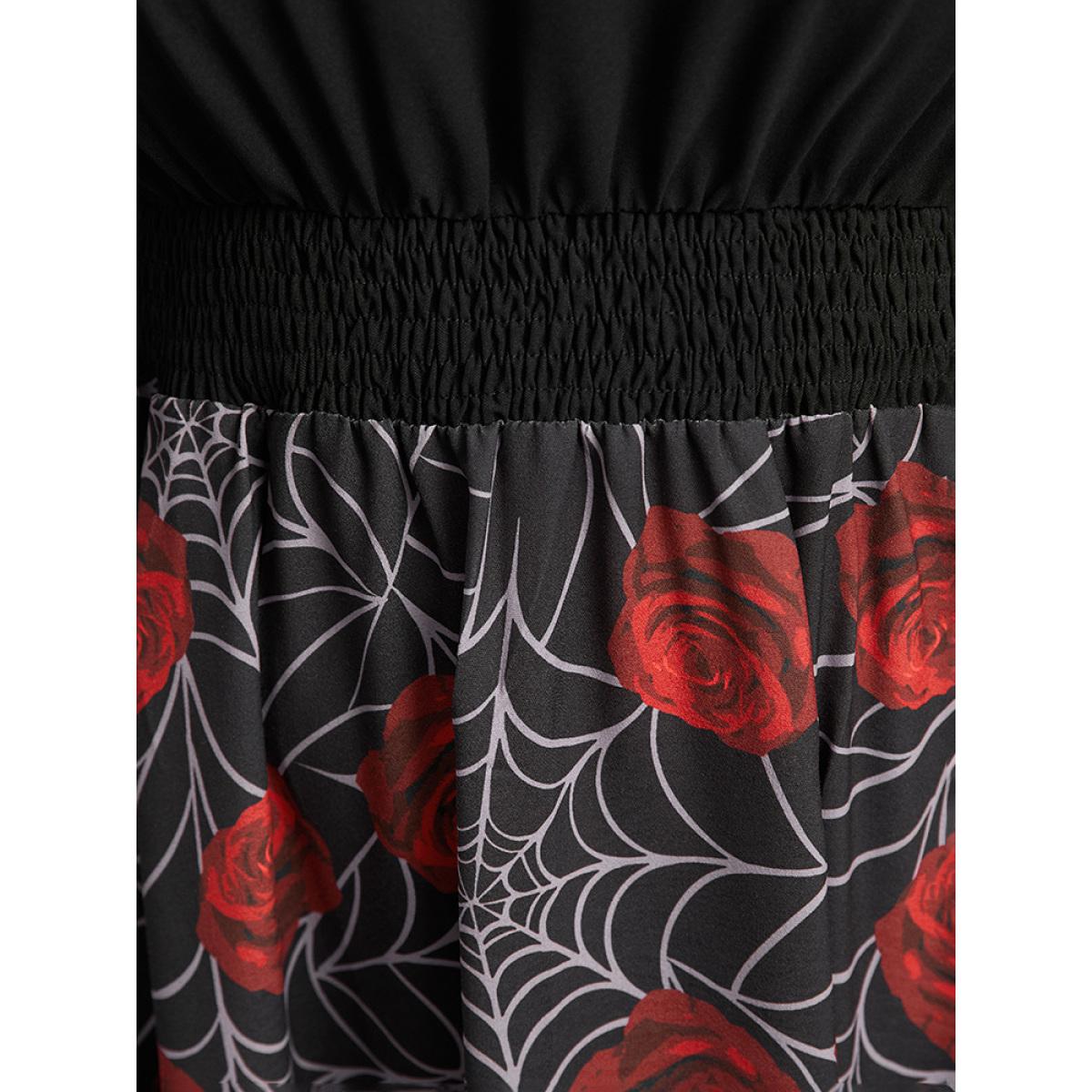 Plus Size Halloween Rose Ruffles Shirred Elastic Waist Dress Black Women Casual Printed V-neck Long Sleeve Curvy Midi Dress BloomChic 28/5X Product Image