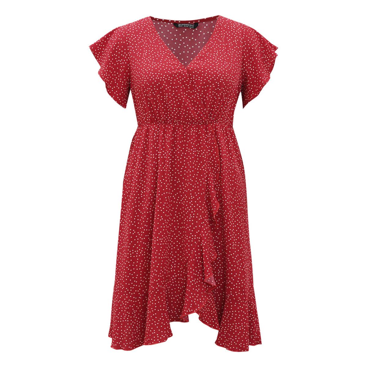 Plus Size Polka Dot Ruffles Wrap Pocket Asymmetrical Hem Dress Raspberry Women Elegant Wrap V-neck Short sleeve Curvy Knee Dress BloomChic 14-16/1X Product Image