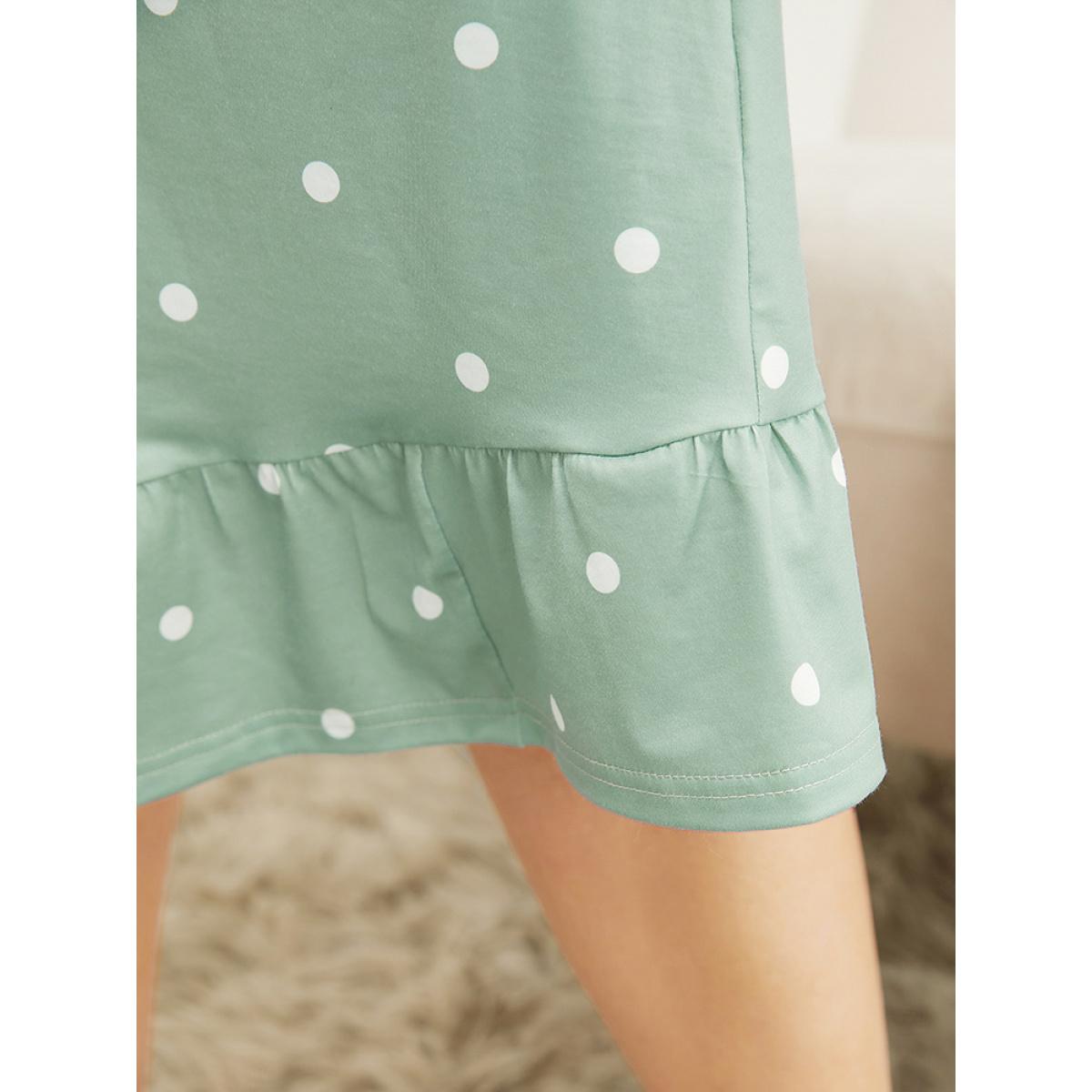 Plus Size Polka Dot Lace Ruffle Trim Pocket Sleep Dress Women Sage Elegant Polka Dot Lace Round Neck Pocket Loungewear BloomChic 12/L Product Image