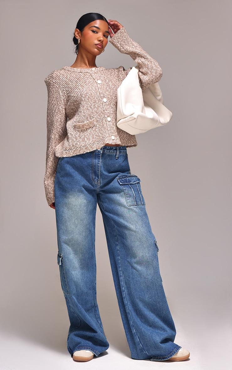 Mocha Marl Textured Bobble Knit Button Up Pocket Detail Cardigan Product Image