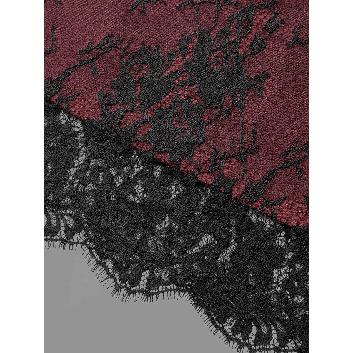 Plus Size Floral Crochet Lace Mesh Stretchy Skirt Women Deepred Elegant Tiered Low stretch Side seam pocket Everyday Skirts BloomChic 18-20/2X Product Image