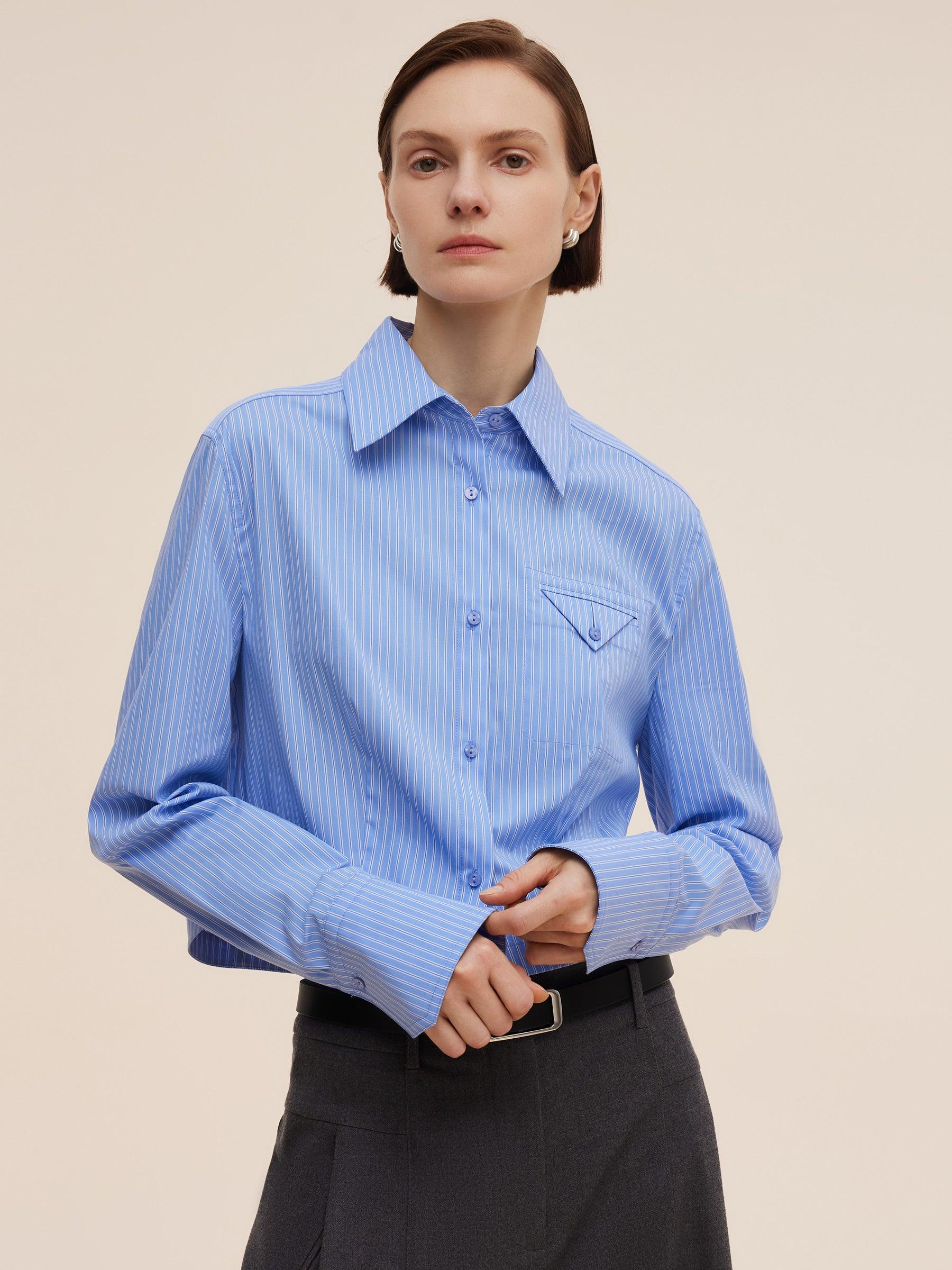 Blue And White Stripe Women Long Sleeve Shirt Product Image