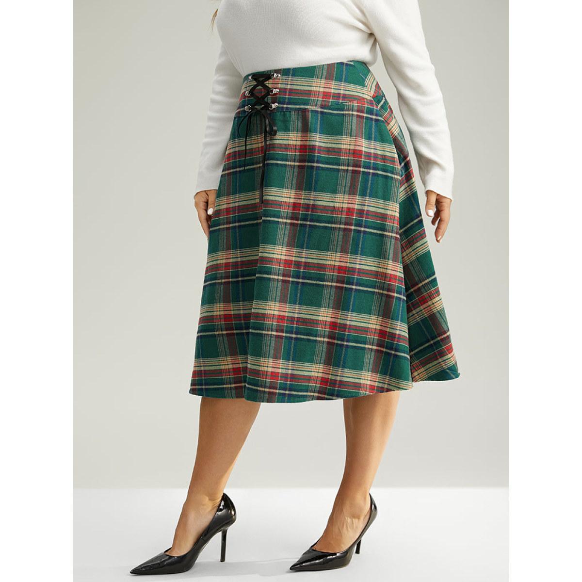 Plus Size Plaid Lace Up Pocket Cropped Skirt Women DarkGreen Party Style accents No stretch Pocket Festival-Christmas Skirts BloomChic 10/M Product Image
