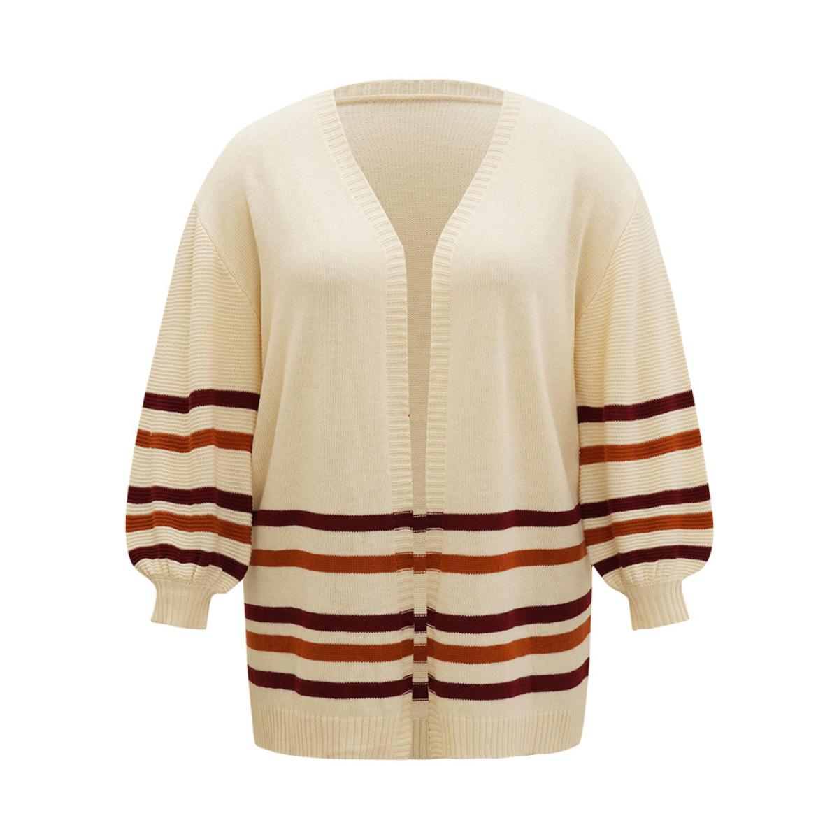 Plus Size Striped Contrast Open Front Cardigan Apricot Women Casual Loose Long Sleeve Dailywear Cardigans BloomChic 18-20/2X Product Image
