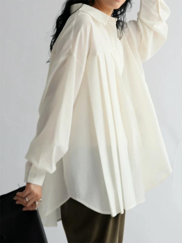 Long Sleeves Loose Buttoned Pleated Solid Color Lapel Blouses&Shirts Tops Product Image