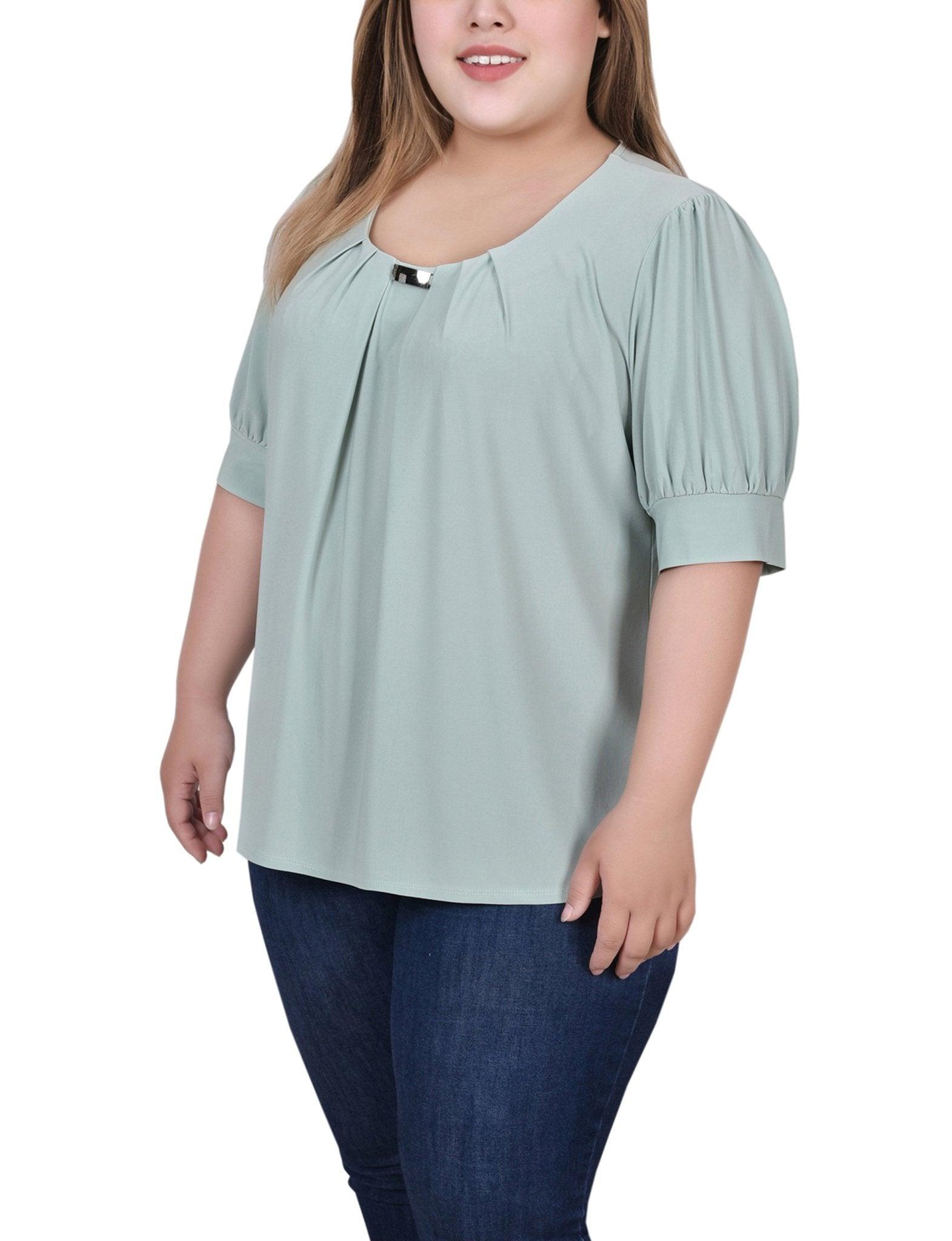 Frosty Green Short Sleeve Balloon Sleeve Top With Hardware - Plus Product Image