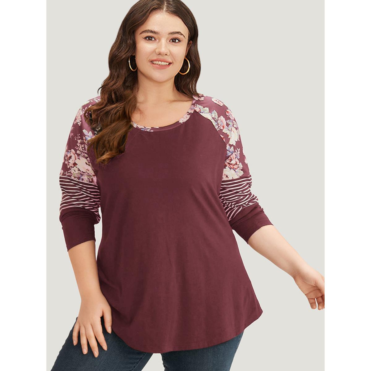 Plus Size Floral Striped Patchwork Crew Neck Raglan Sleeve T-shirt Burgundy Women Casual Contrast Striped Round Neck Dailywear T-shirts BloomChic 10/M Product Image