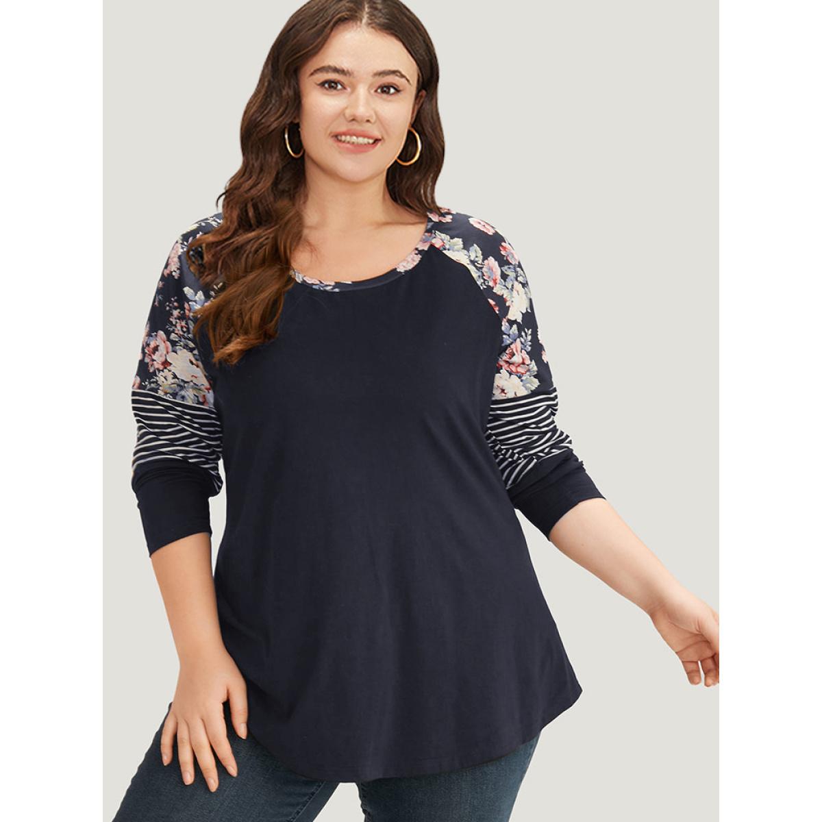 Plus Size Floral Striped Patchwork Crew Neck Raglan Sleeve T-shirt Midnight Women Casual Contrast Striped Round Neck Dailywear T-shirts BloomChic 22-24/3X Product Image