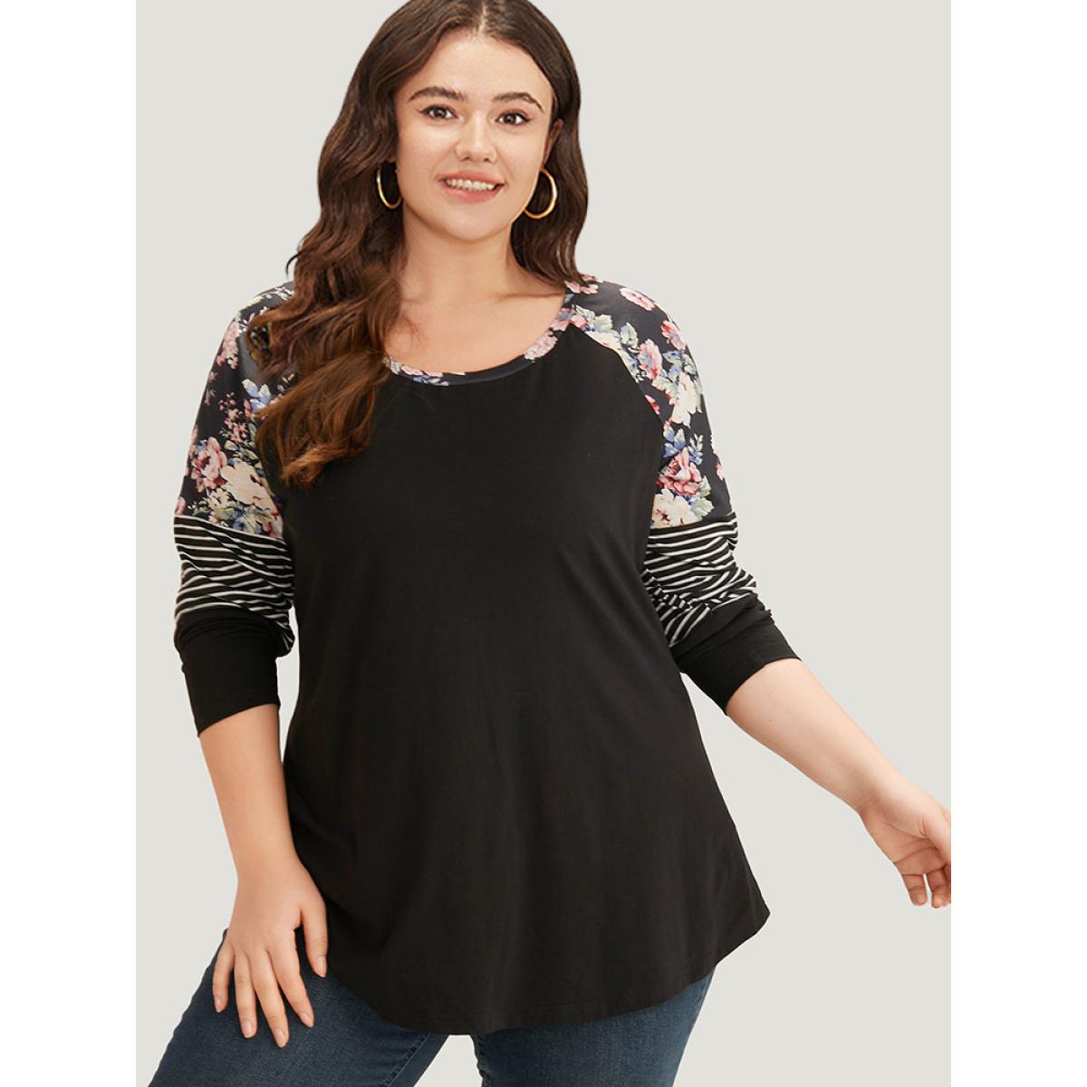Plus Size Floral Striped Patchwork Crew Neck Raglan Sleeve T-shirt Black Women Casual Contrast Striped Round Neck Dailywear T-shirts BloomChic 26/4X Product Image