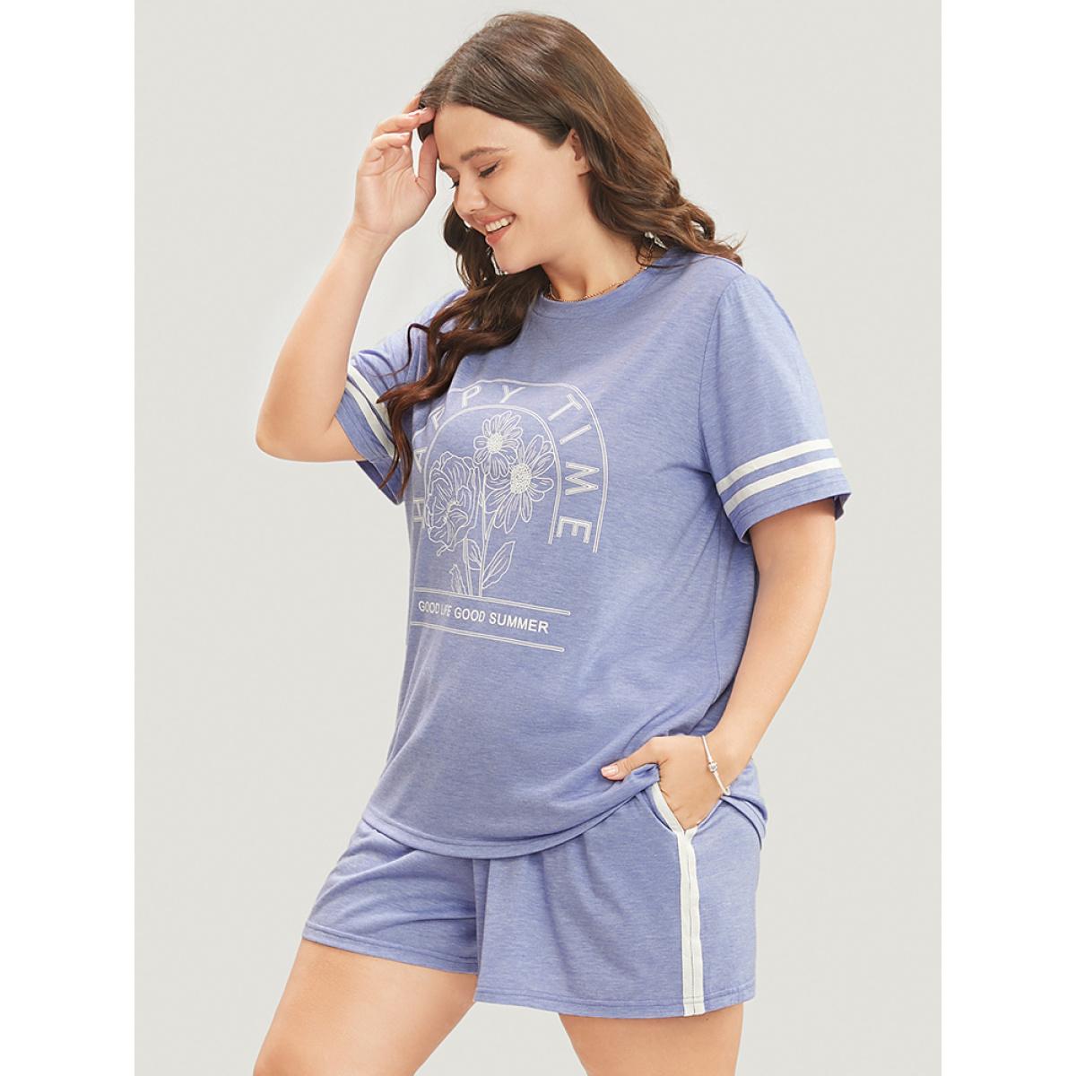 Plus Size Floral & Letter Print Contrast Round Neck Sleep Top Women LightBlue Casual Floral Contrast Round Neck Loungewear BloomChic 28/5X Product Image