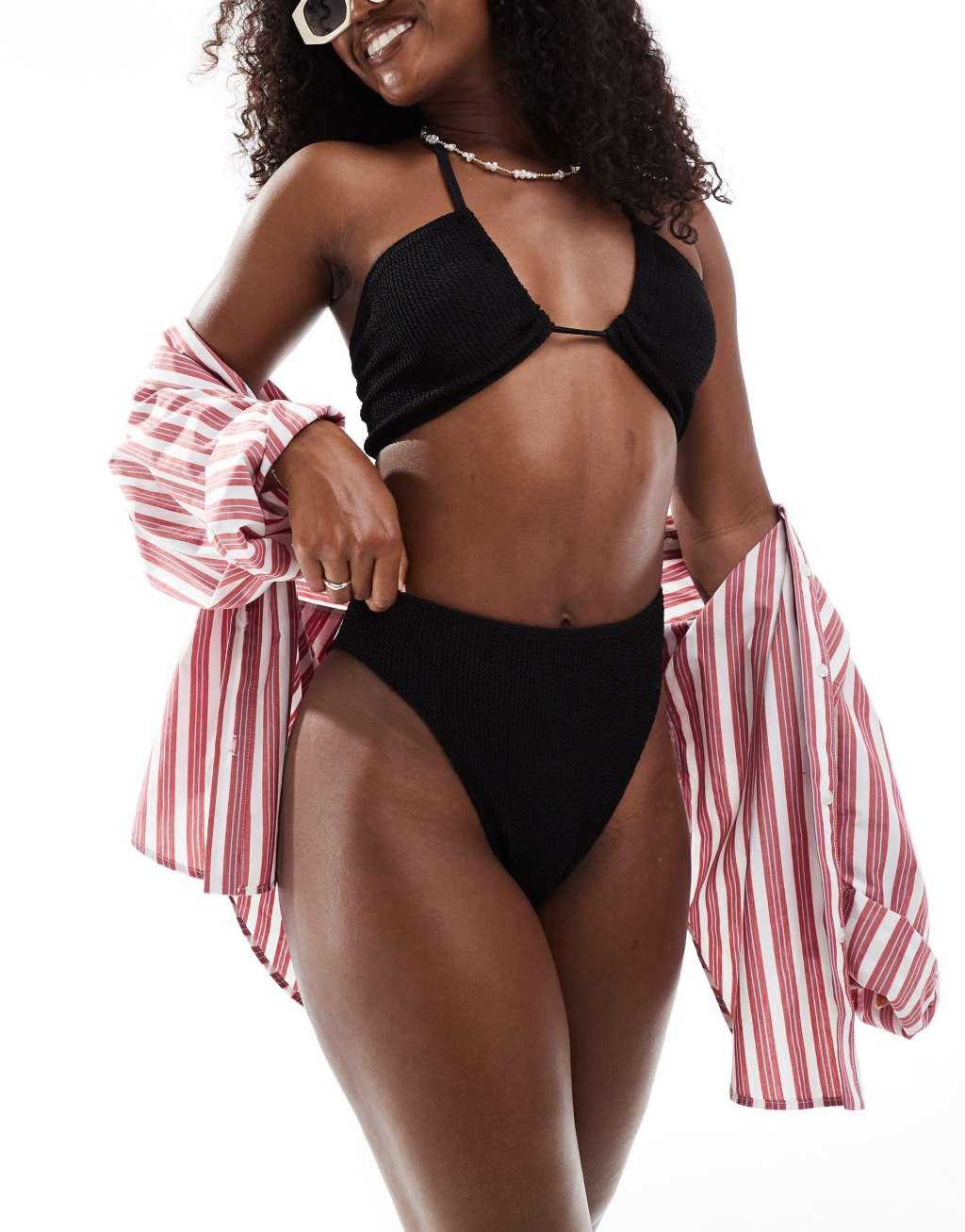 ASOS DESIGN Amy mix and match crinkle high leg high waist bikini bottom in black Product Image