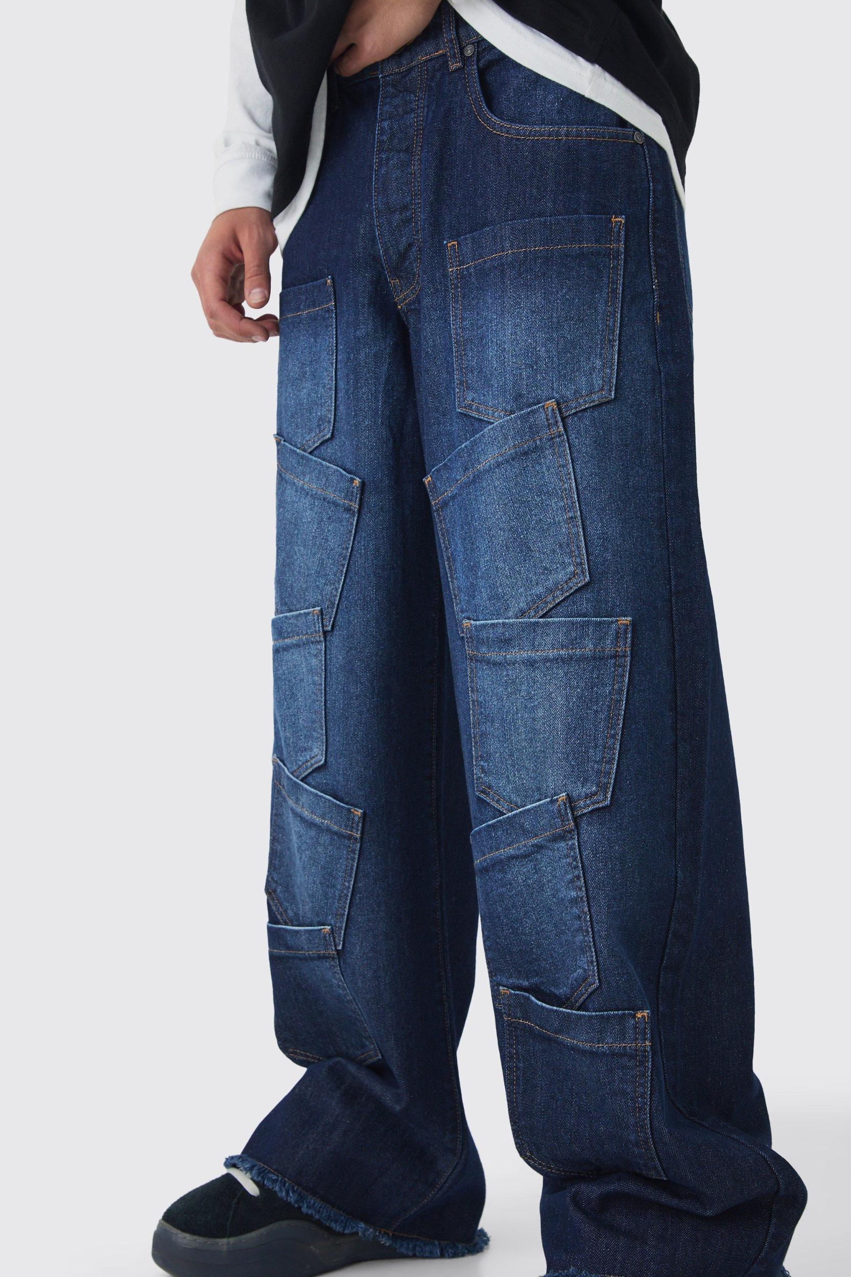 Baggy Fit Rigid Indigo Multi Pocket Jeans | boohooMAN USA Product Image