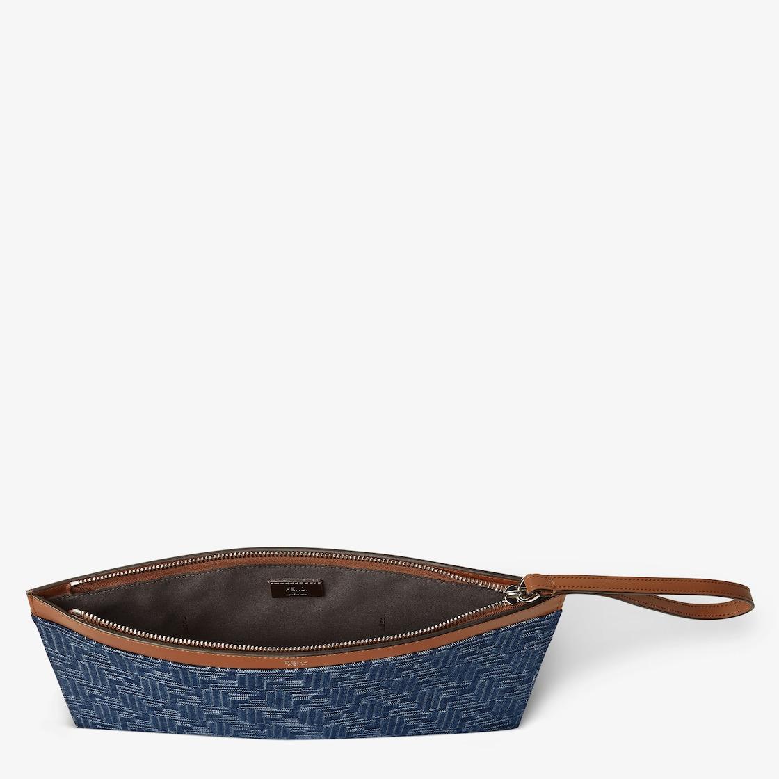 FF Medium Flat PouchBrown leather and blue denim-effect FF Jacquard pouch Product Image