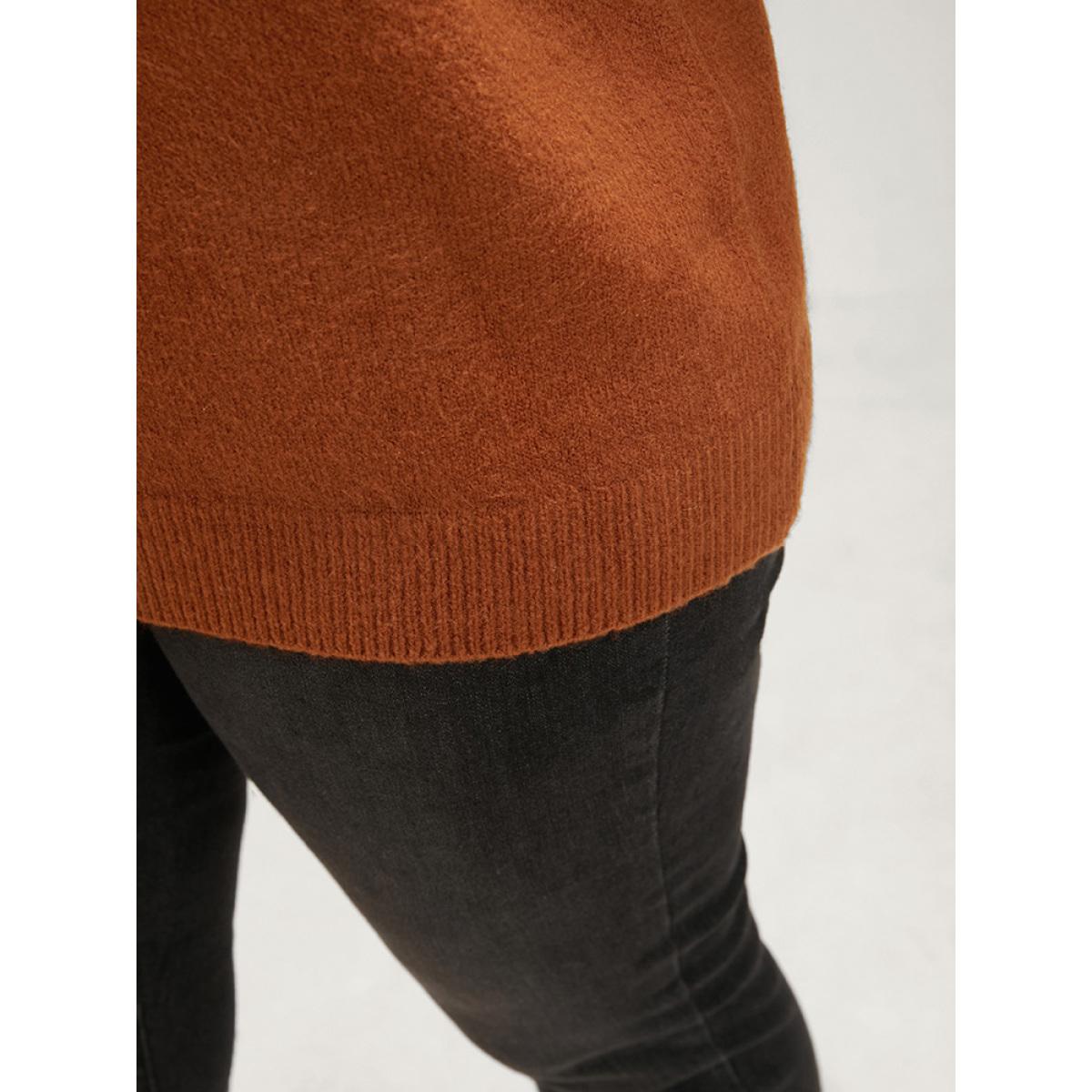 Plus Size Solid Pointelle Knit Lace Trim V Neck Knit Top Bronze Women Elegant Loose Long Sleeve V-neck Dailywear Pullovers BloomChic 14-16/1X Product Image