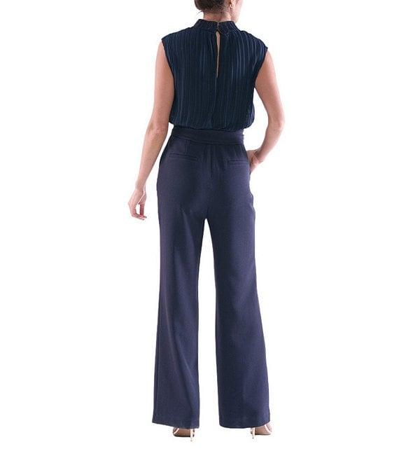 Julia Jordan Pleated Chiffon Crepe Mock Neckline Sleeveless Tie Waist Straight Leg Jumpsuit Product Image