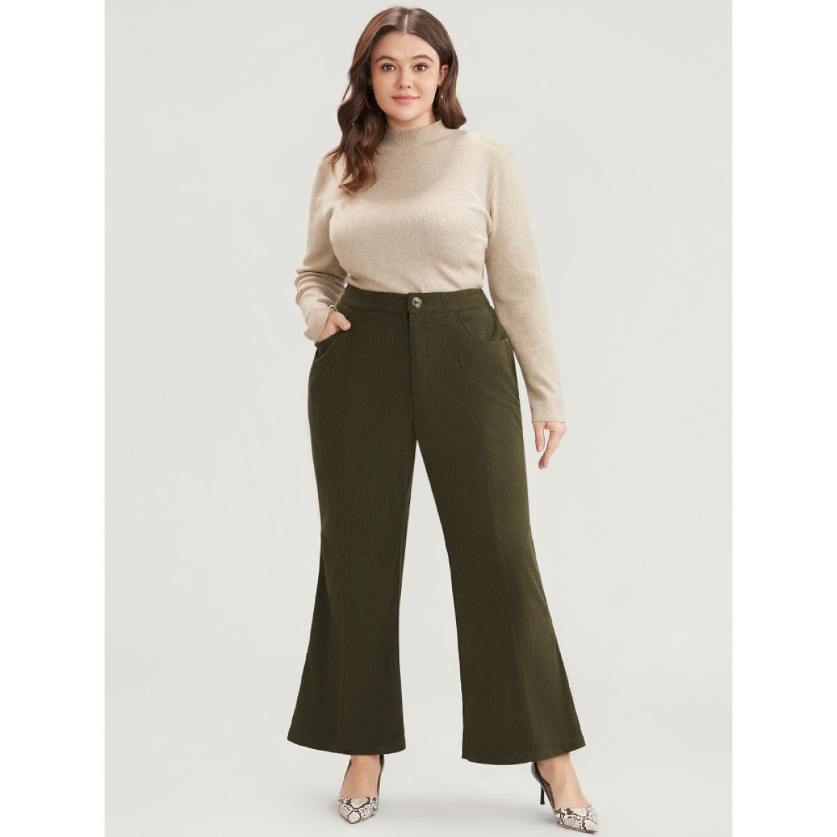 Plus Size Solid Elastic Waist Pocket Corduroy Bootcut Pants Women ArmyGreen Office Bootcut Mid Rise Work Pants BloomChic 30/6X Product Image