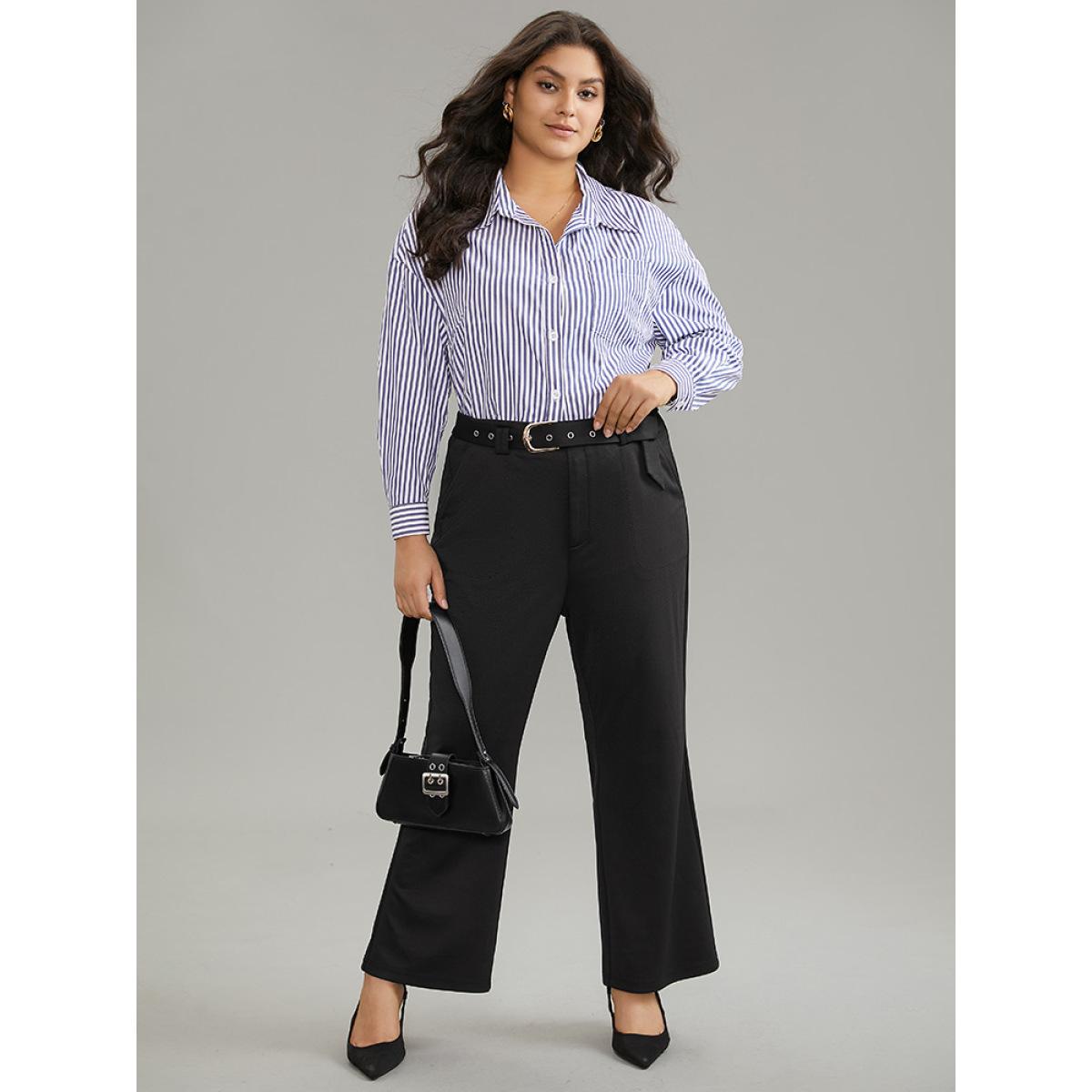 Plus Size Solid High Rise Belted Bootcut Pants Women Black At the Office Flare Leg High Rise Office Pants BloomChic 14-16/1X Product Image