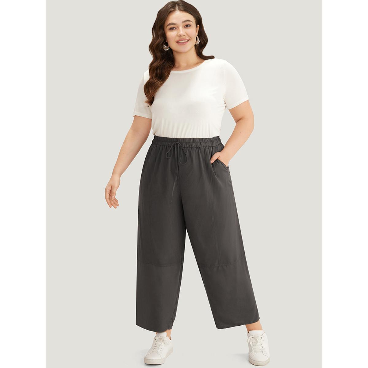 Plus Size Plain Elastic Waist Ties Pocket Pants Women DarkBrown Casual Straight Leg High Rise Dailywear Pants BloomChic 28/5X Product Image