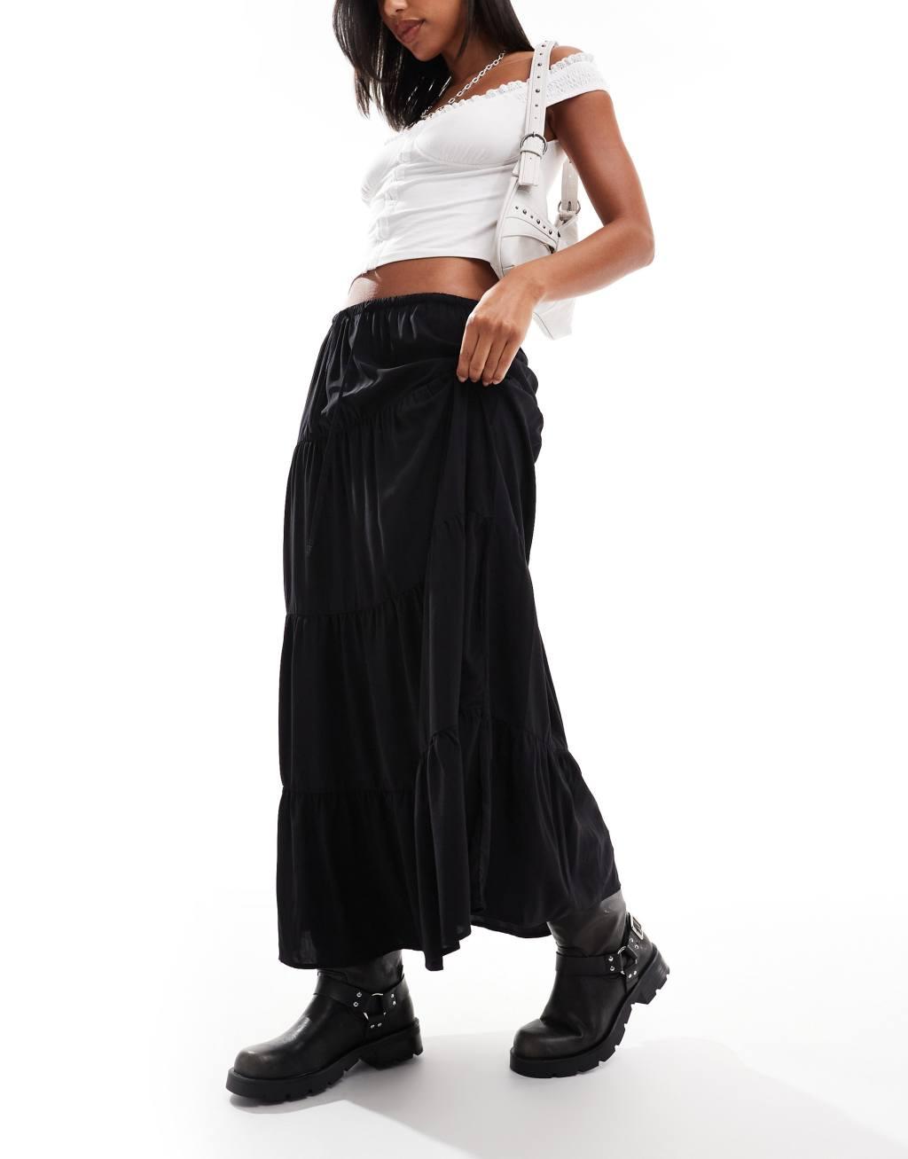 Bershka tiered maxi skirt in black Product Image