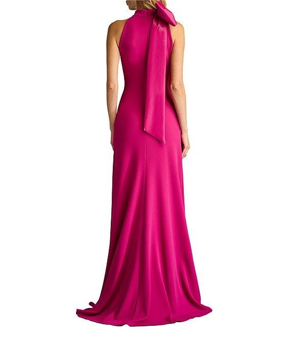 Tadashi Shoji Crepe Halter Mock Neck Taffeta Bow Sleeveless Gown Product Image