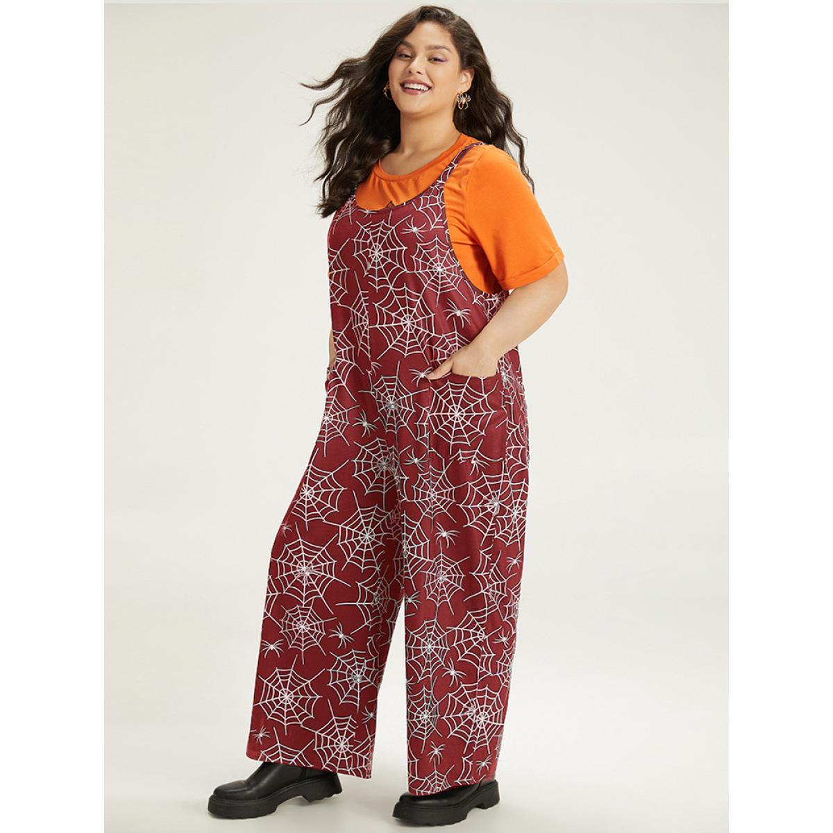Plus Size DarkGreen Halloween Spider Web Print Pocket Overall Cami Jumpsuit Women Casual Sleeveless Spaghetti Strap Festival-Halloween Loose Jumpsuits BloomChic 22-24/3X Product Image