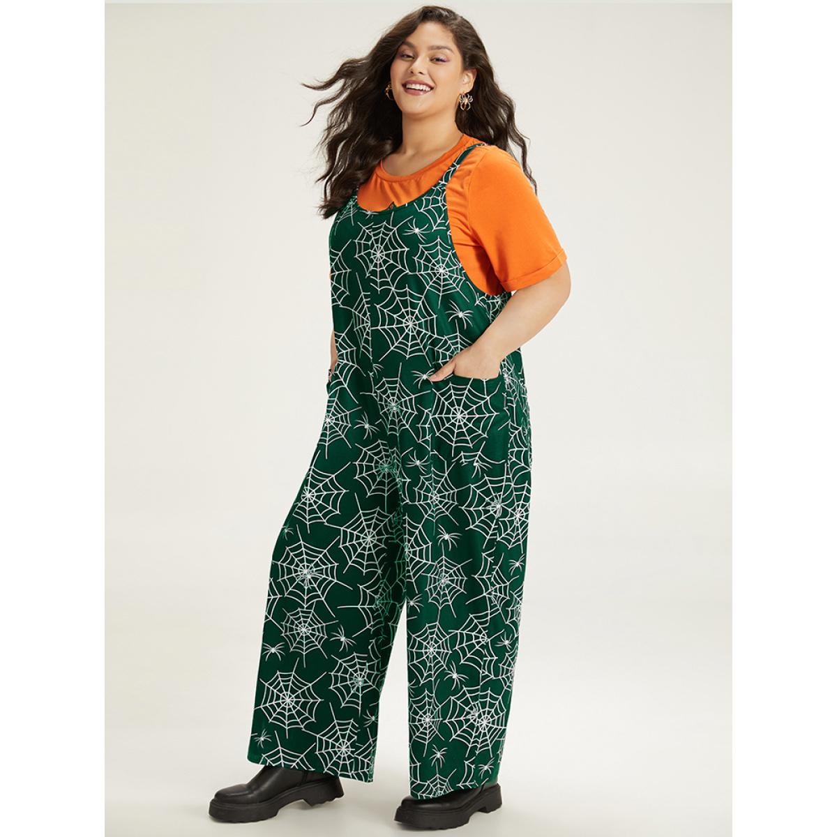 Plus Size DarkGreen Halloween Spider Web Print Pocket Overall Cami Jumpsuit Women Casual Sleeveless Spaghetti Strap Festival-Halloween Loose Jumpsuits BloomChic 22-24/3X Product Image